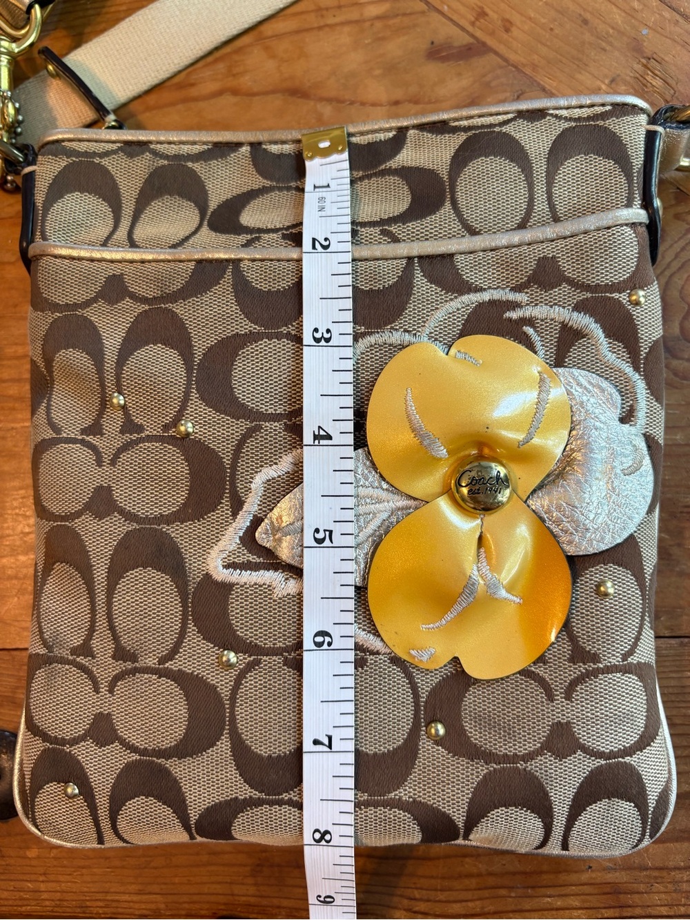 Coach Brown Signature Crossbody with Gold Floral Appliqué - Picture 7 of 9